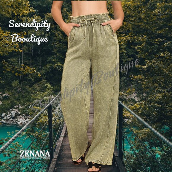 Oversized Loose Fit Wide Leg Mineral Wash Sustainable Tencel Elastic Waist Pants - Picture 3 of 7